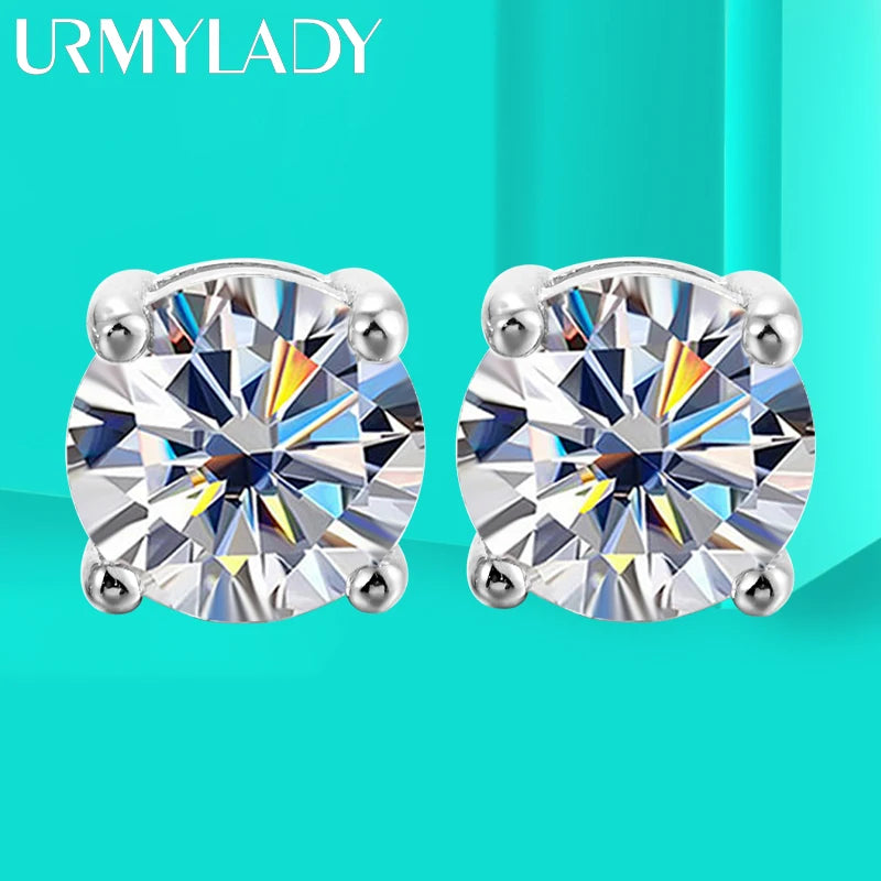 URMYLADY 2 Carat 8.0mm D Color Moissanite Stud Earrings For Women Top Quality 100% 925 Sterling Silver Sparkling Wedding Jewelry