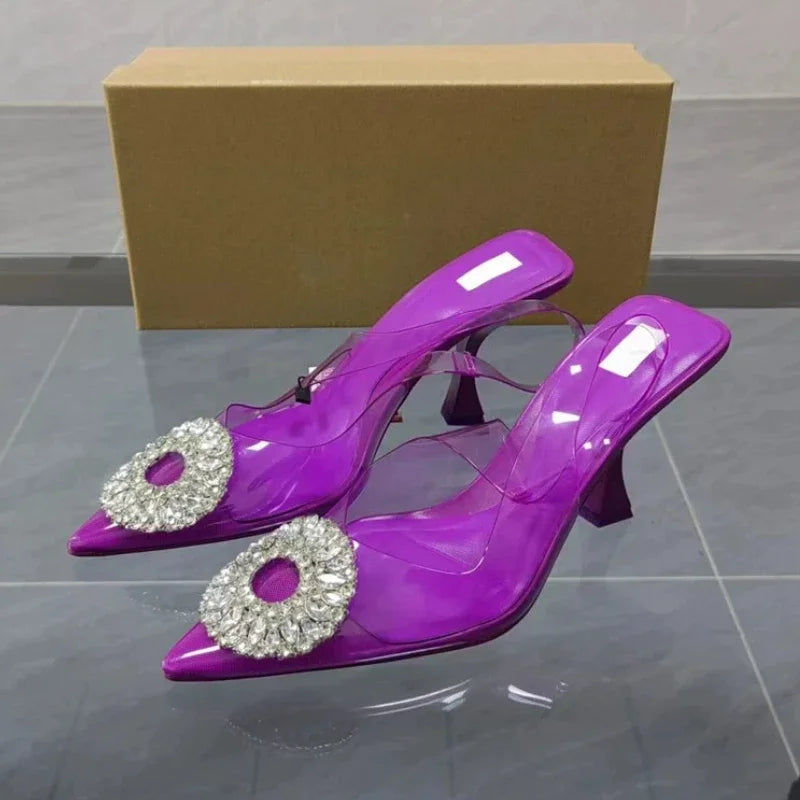 Luxury Brand Women Slingback High Heels Sandals Rhinestones Circle Transparent PVC Weddings Bridal Pointed Shoes for Lady