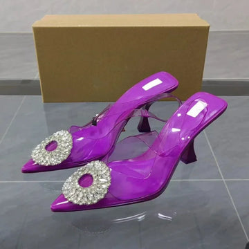 Luxury Brand Women Slingback High Heels Sandals Rhinestones Circle Transparent PVC Weddings Bridal Pointed Shoes for Lady