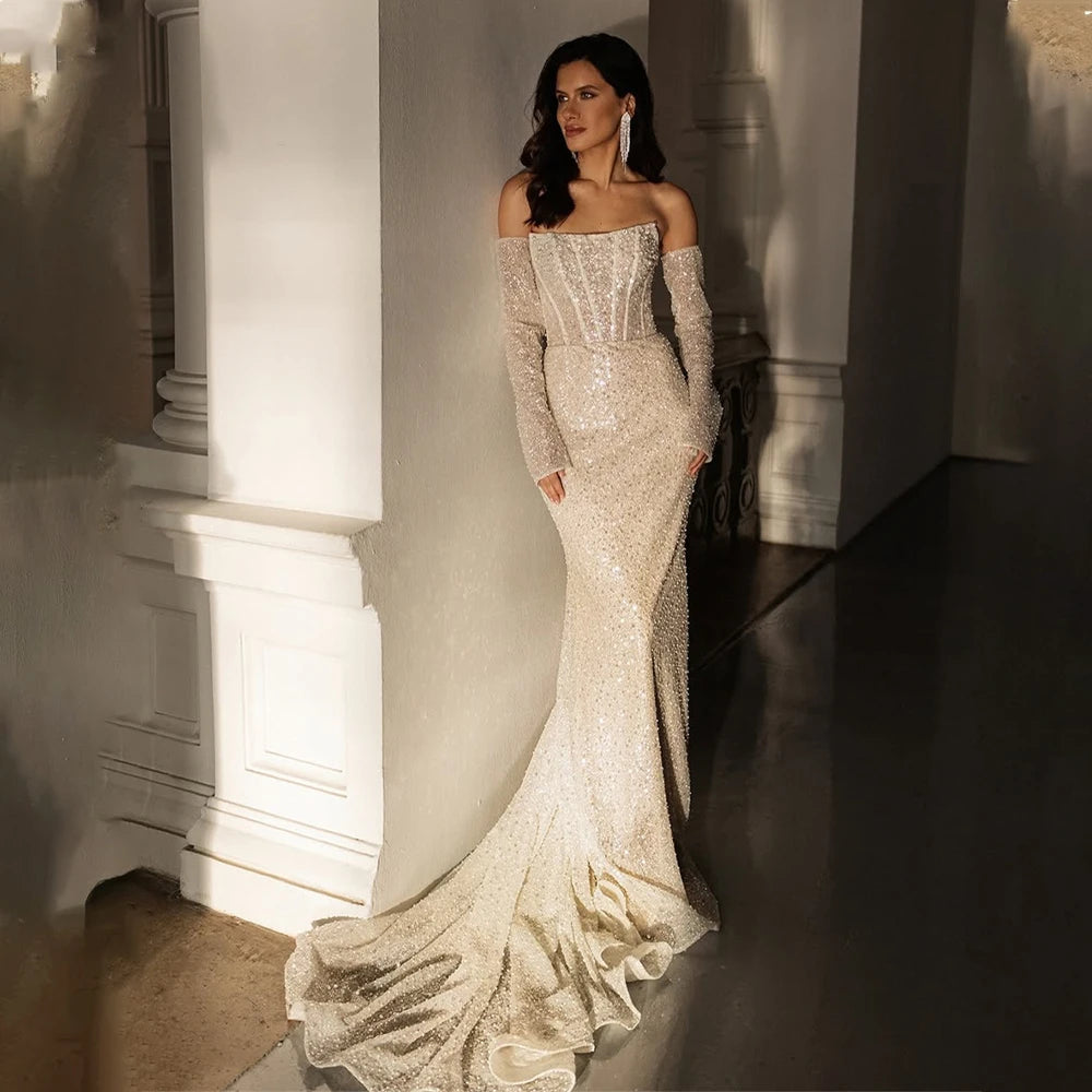 Shiny Beaded Sequined Detachable Long Sleeves Scoop Neckline Sheath/Mermaid Wedding Dresses Sweep Train Custom Made 2026 Vestido