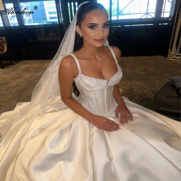 Alonlivn Luxurious Satin Sweetheart A-Line Wedding Dresses Beading Pearls Spaghetti Straps Bride Gowns