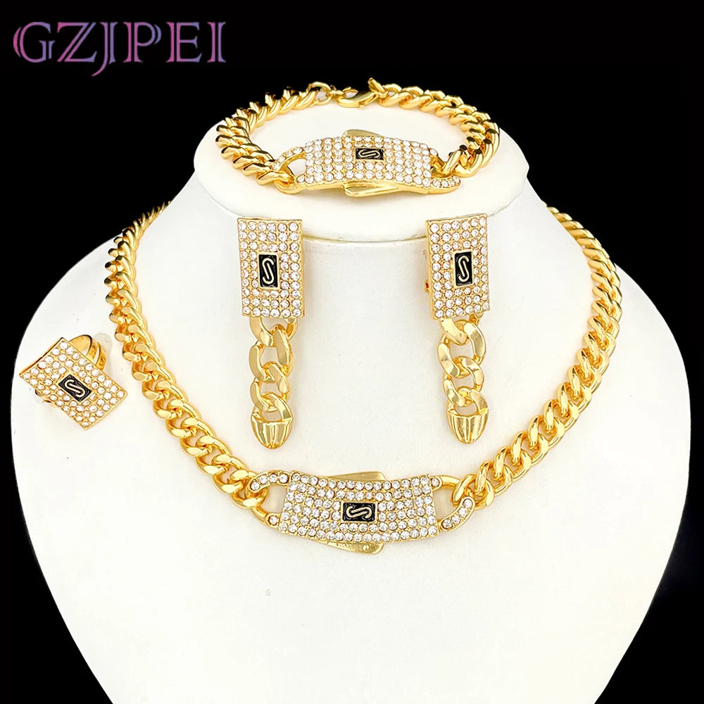GZJPEI Monaco Chain 18K Gold Plated Cuban Chain Jewelry Set High Quality Necklace Bracelet 2025 New For Bridal Wedding Gift