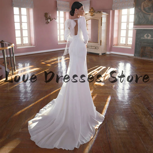 Customized Simple Long Sleeve Mermaid Jersey Wedding Dress Women Elegant and Chic Square Neck Court Train Pure White Bridal Gown
