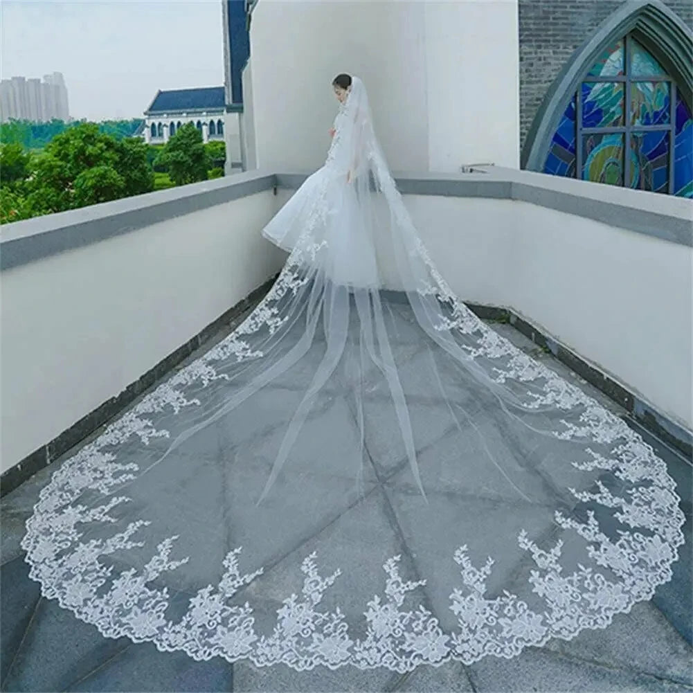 Luxury ivory long lace bridal veil with comb 3.5m 1-layer cathedral wedding veil wedding accessories