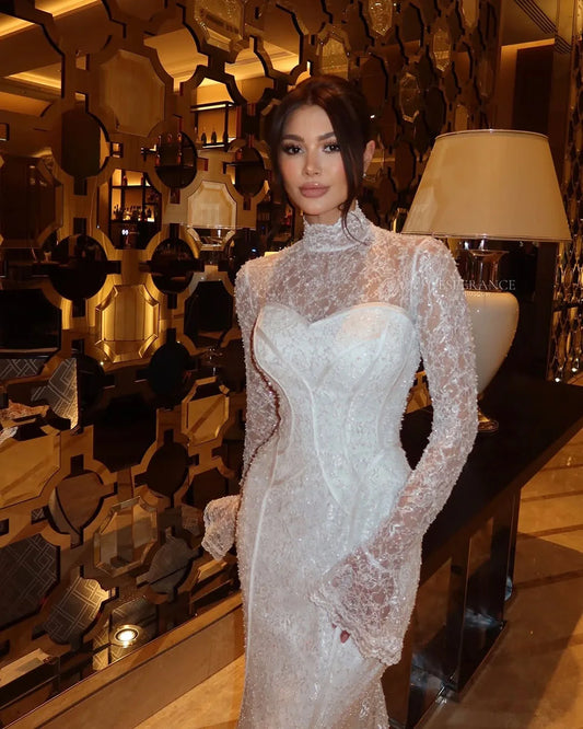 Customized Lace Mermaid Wedding Dress 2025 Long Sleeve High Neck Corset Bridal Gown Elegant Sparkling Bride Dress for Women