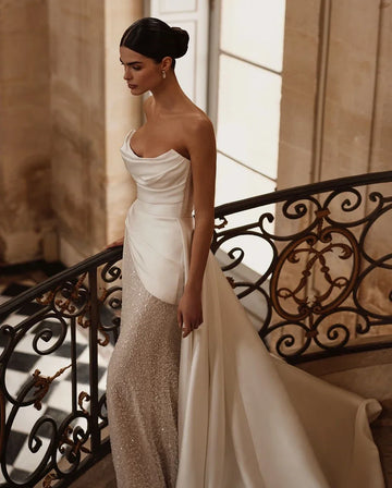 Customized Simple Strapless Mermaid Wedding Dress Shiny Sequin Beading Satin Detachable Train Pleat Bridal Gown Vestido De Novia