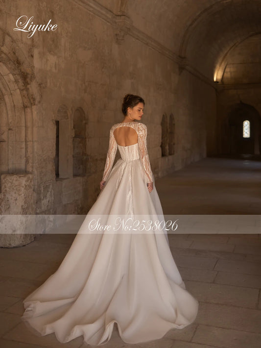 Liyuke Stunning A-line Tulle Wedding Dress Exquisite Beaded Floral Lace Corset Sweetheart Bridal Gowns