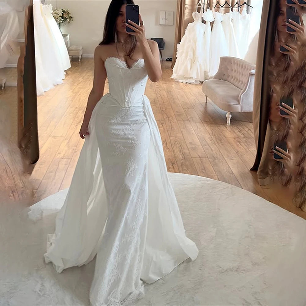 Sexy V-neck Full Lace Mermaid Wedding Dresses With Detachable Train Custom Made Bridal Grown 2025 Vestido De Noival