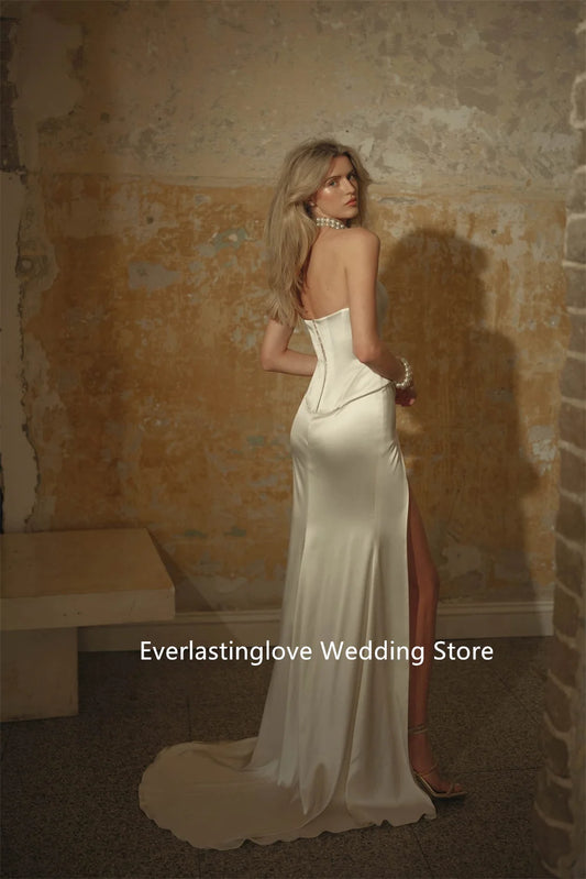 Simple Scoop Neckline Two piece Satin Bridal Grown Wedding Dresses Side Slit  With Long Scalf Custom Made 2026 Vestido De Noival