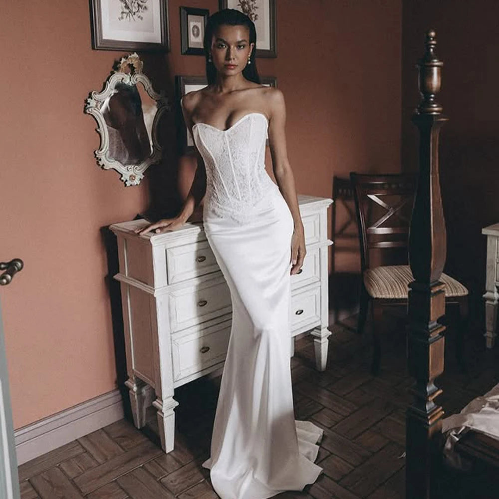 Modern Sweethart Lace Satin Mermaid Wedding Dresses Sweep Train Custom Made 2025 Vestido De Noival