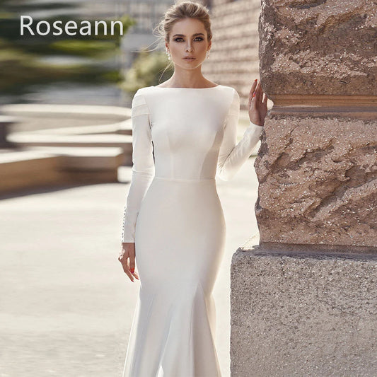 Customized Muslim High Quality Ivory Mermaid Wedding Dresses O-Neck Button Satin Draped Pleat Full Bride Gown robe de mariée