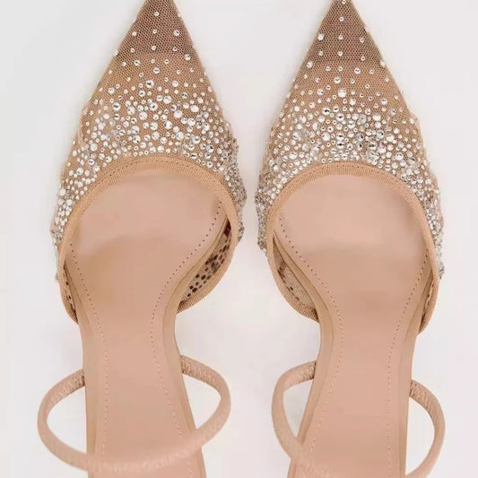 Mesh Rhinestone Breathable High Heels Women Pointed Toe Pumps Mules Sexy Party Shoe Crystal Luxury Brand Slippers Ladies Sandals