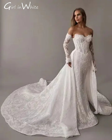 Luxury Lace Mermaid Detachable Long Train Wedding Dresses 2025 Sweetheart Backless Long Sleeves Bride Gowns Customized For Women