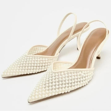 Mesh Brand Sandals Women Pumps Pointed Toe Elegant Slingback High Heels Female String Bead Designer Banquet Wedding Dress Shoes