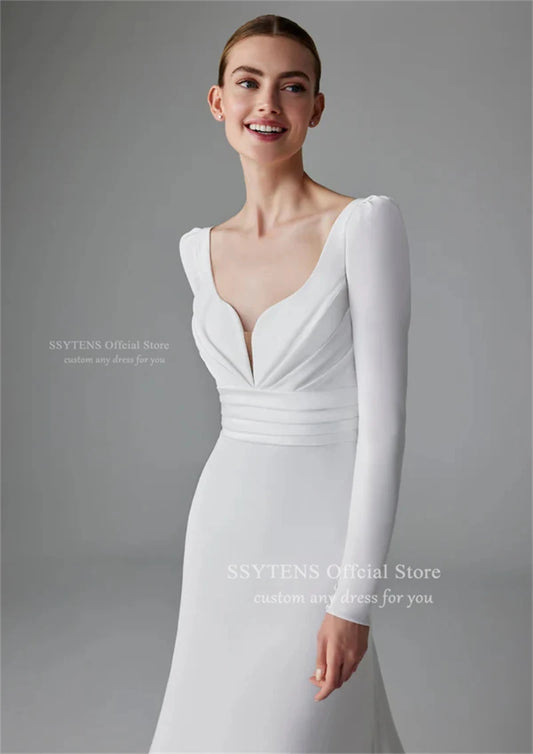 SSYTENS Simple Civil Wedding Dresses Satin Open Back Customized Long Sleeves Bridal Gowns Bride Dress Royal Engagement Dress