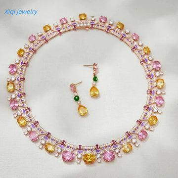 Gazing JewelryLuxurious and charming AAA cubic zirconia flower-shaped necklace and lotus earrings, a jewelry set for women's wed