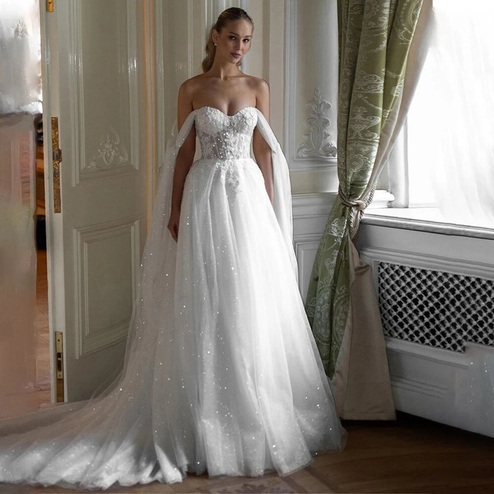 Charming Two Straps Sweetheart Lace Applique Shiny Bridal Grown A Line Wedding Dresses Custom Made Sweep Train 2026 Vestido