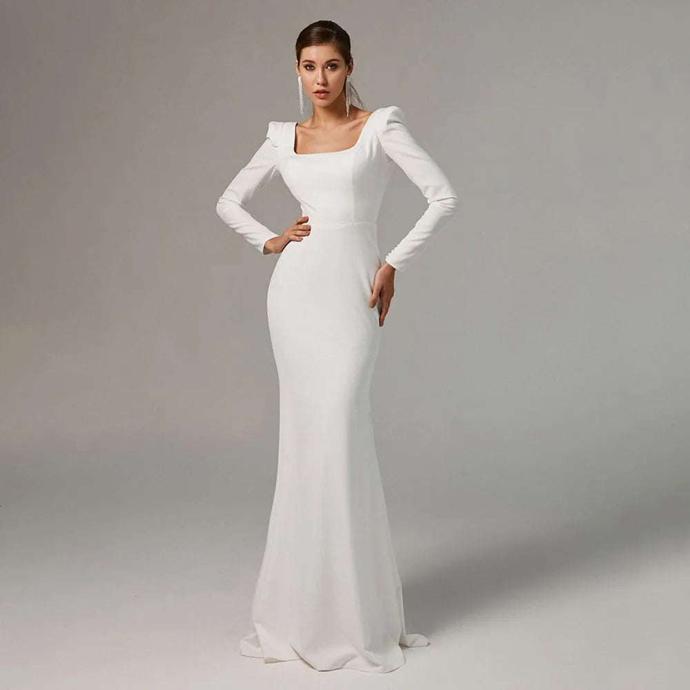 Modest Wedding Dresses 2025 Long Sleeve Buttons Mermaid Bridal Dress Simple Open Back Civil Brides Wedding Gown Customized