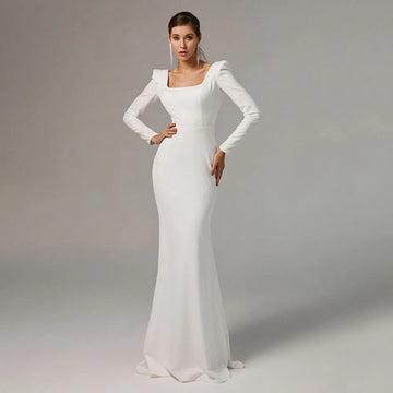 Modest Wedding Dresses 2025 Long Sleeve Buttons Mermaid Bridal Dress Simple Open Back Civil Brides Wedding Gown Customized