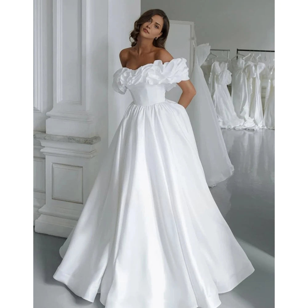 Elegant Satin Wedding Dresses Women 2025 Off-Shoulder Long Prom Dress Pleat Chic Bridal Gowns vestido de novia Back Lace Up