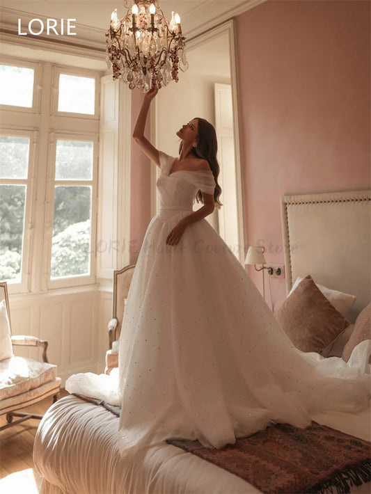 LORIE Off Shoulder Shiny Tulle A-line Sexy Wedding Dress Bow Bridal Gowns Sweetheart Backless Wedding Gown Customized 2025