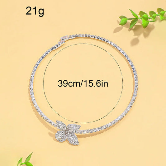 4 Piece Set Butterfly Flower Collar Necklace Earring Ring Set Full Rhinestone Women Bridal Open Choker for Wedding Jewelry Sets