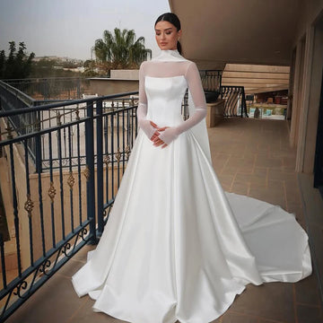 Luxurious HIgh Neck Full Sleeves Satin A Line Wedding Dresses With Long Scalf Sweep Train Custom Made 2025 Rode De Morrie