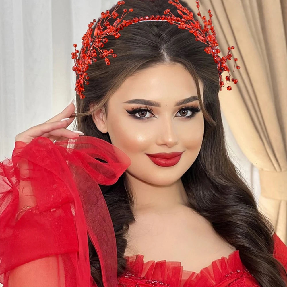 DZ233 Red Crystal Bridal Headband Rhinestone Wedding Headdress Hair Accessories for Women Headpiece Tiara Party Hair Jewelry