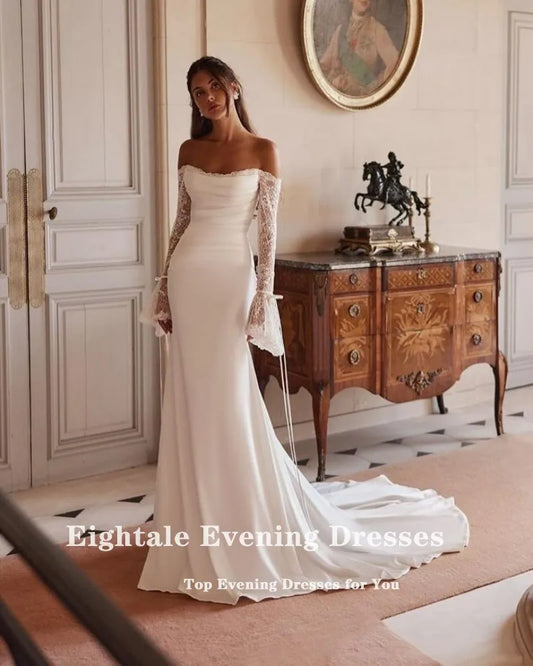 Eightale Boho Arabic Wedding Dress Scoop Lace Customized White Ivory Long Sleeves Mermaid Bridal Gown Robe De Mariée