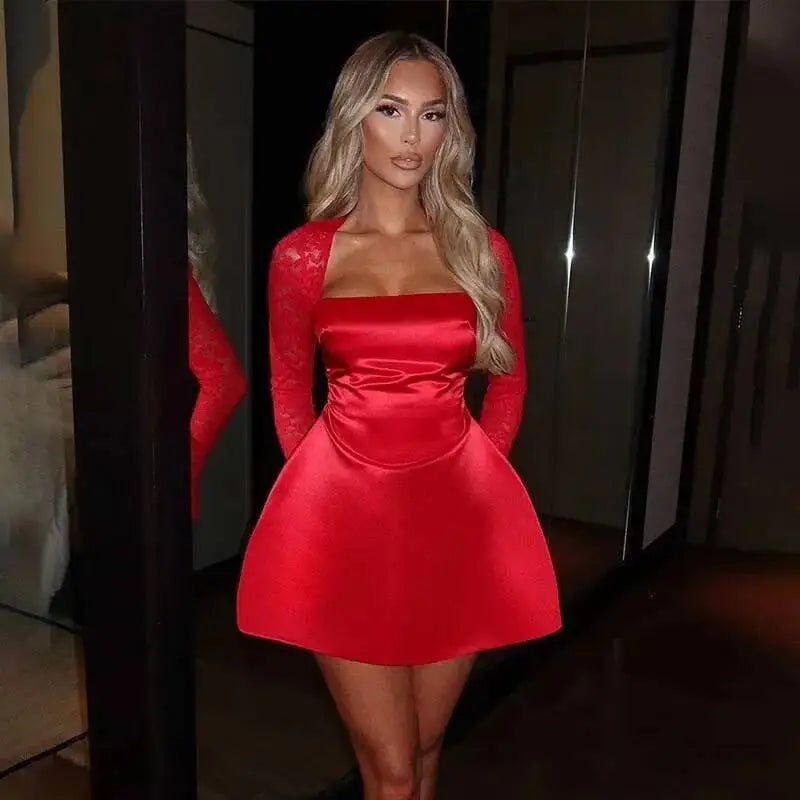 Townlike Lace Patchwork Waist Wrap A-line Dress Women Mini 2024 Autumn Winter Dress Backless Nightclub Sexy Party Dresses