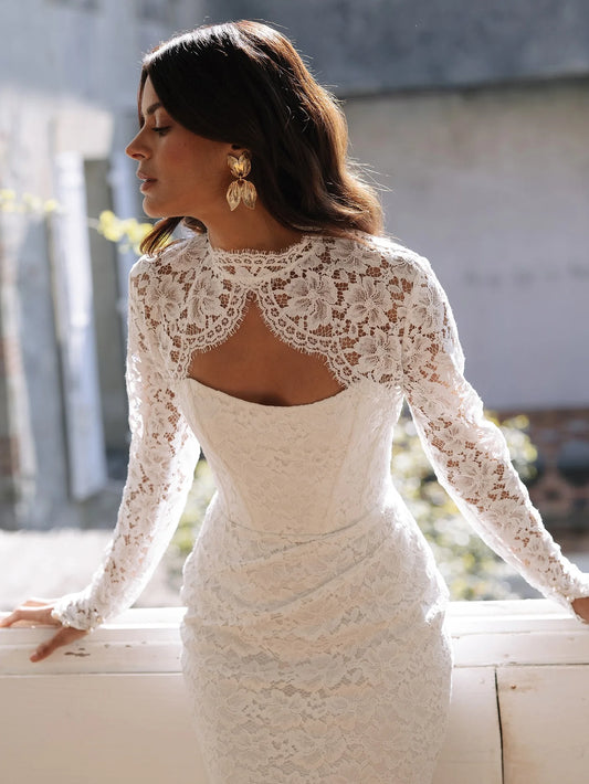 Elegant Fitted Lace Wedding Dress with Detachable Long Sleeve Jacket & Oversized Bow