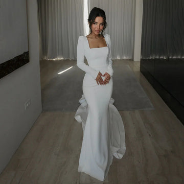 Customized Elegant Wedding Dress 2025 Mermaid Long Sleeve Bridal Gown Square Neck Button Court Train Classic Bride Dress