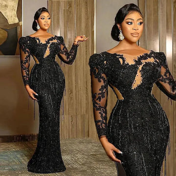 Customized Mermaid Sexy Black Evening Dresses Jewel Neck Lace Appliques Crystal Beaded Party Dress Long Sleeves Prom Gowns