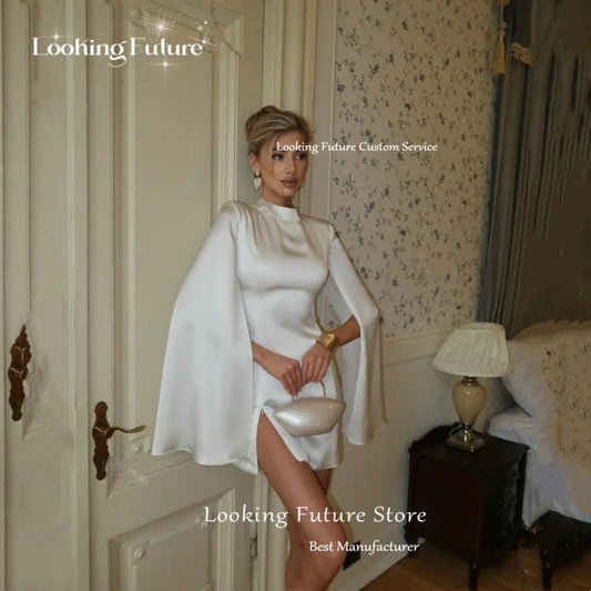 Simple Satin Mini Mermaid Wedding Dress For Women Sexy High Neck Long Sleeves 2025 Pleated Side Slit Ivory Short Gown Customized