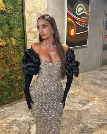 SWEMILE Luxury Sparkly Mermaid Prom Dresses 2025 3D Flowers Long Sleeves Strapless Beaded Diamonds Women Evening Gown Customized