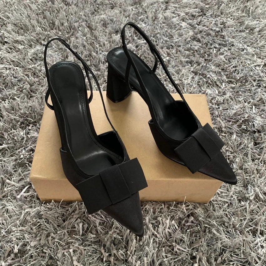 Pointed Toe Women's Office Shoes 2025 Summer Black Retro Bow Decoration High Heels Shallow Slingbacks Elegant Ladies Pumps