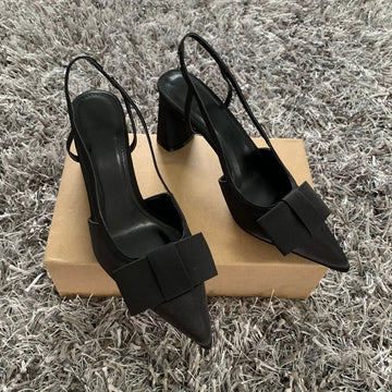 Pointed Toe Women's Office Shoes 2025 Summer Black Retro Bow Decoration High Heels Shallow Slingbacks Elegant Ladies Pumps