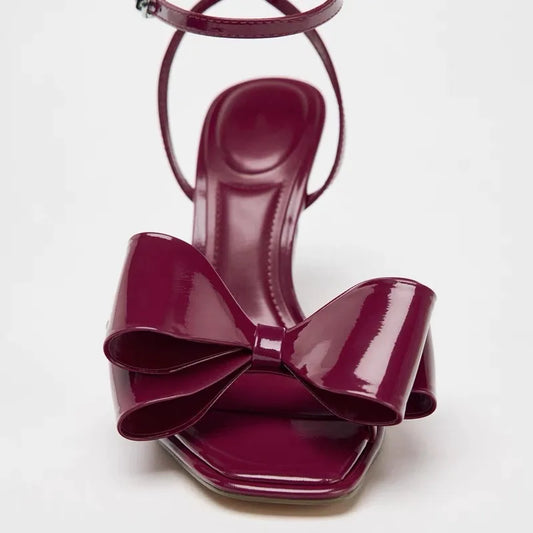 Sexy Patent Leather High Heels Ladies Butterfly-knot Square Toe Sandal Women Fashion Brand Wedding Party Dress Shoes Women Pumps