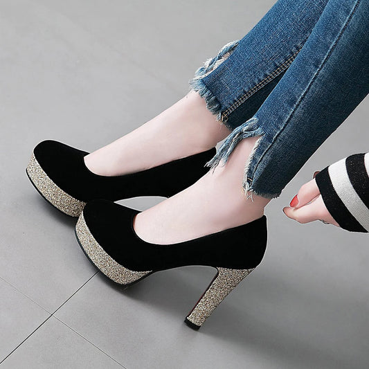 New Women Platform Pumps 12cm High Chunky Heels Sequined Round Toe Wedding Party Dress Shoe Gold Ankle Strap Ladies Danc Shoes