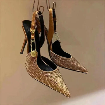 Bling Diamond High Heels Women 2025 Spring Pumps New Pointy Head After Empty Sexy Metal Girl Temperament Baotou French Sandals