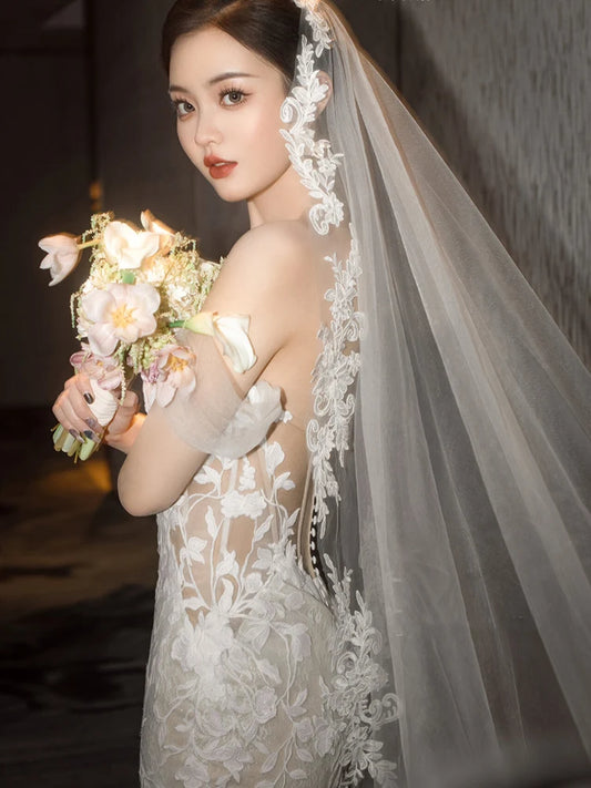 White Ivory Long Cathedral Length Bridal Veils Appliques Stock Wedding Veils Wedding Accessoires De Mariage Boda Voile De Mariée