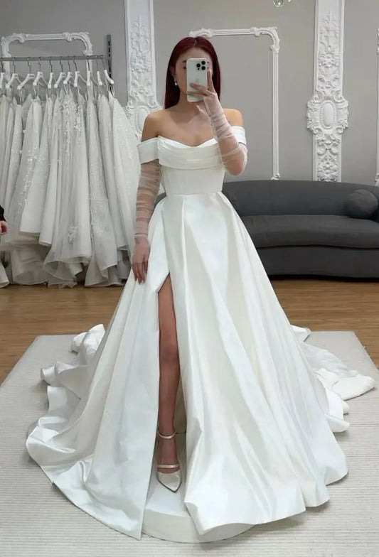 Elegant Off The Shoulder Pleat Sweetheart Satin Sheath Wedding Dresses Side Slit Detachable Train 2 In 1 Rode De Morrie