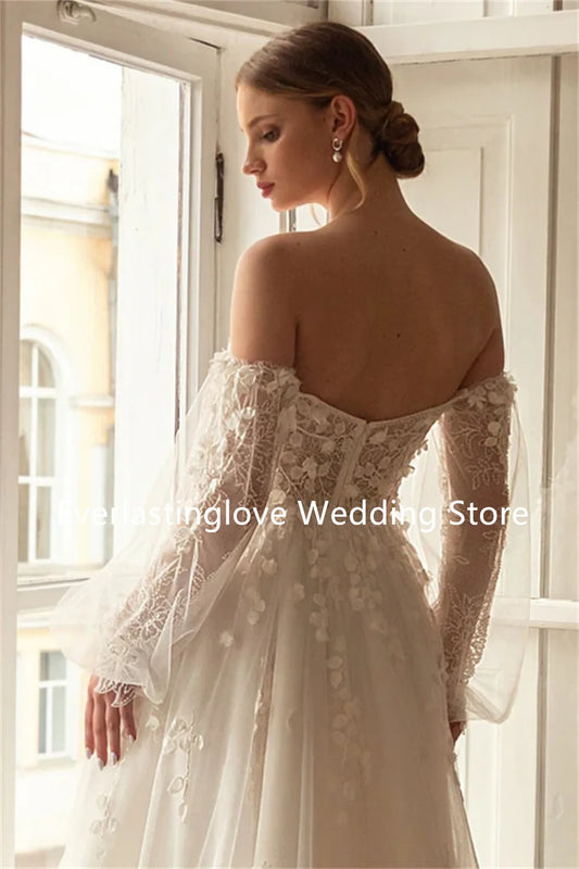 Charning Long Sleeves 3D Flower Lace Applique Bridal Grown A Line Wedding Dresses Long Puff Sleeves  2026 Vestido De Noival