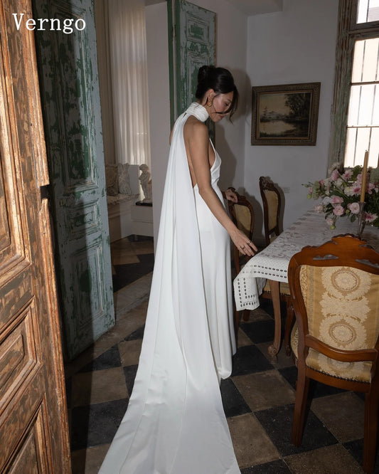 Verngo lvory Crepe Wedding Dress Halter Mermaid Sexy Bridal Gowns Women Backless Classy Bride Dress Customized