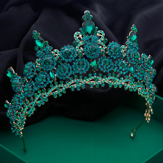 Baroque Rose Flower Tiaras and Crowns Green Rhinestone Diadem for Bridal Princess Wedding Hair Jewelry Party Head Accessories