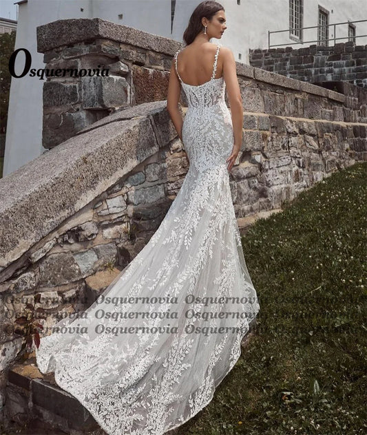 Osquernovia Vintage Square Collar Wedding Dresses for Women Spaghetti Straps Court Train Appliques Vestido De Noiva Customised