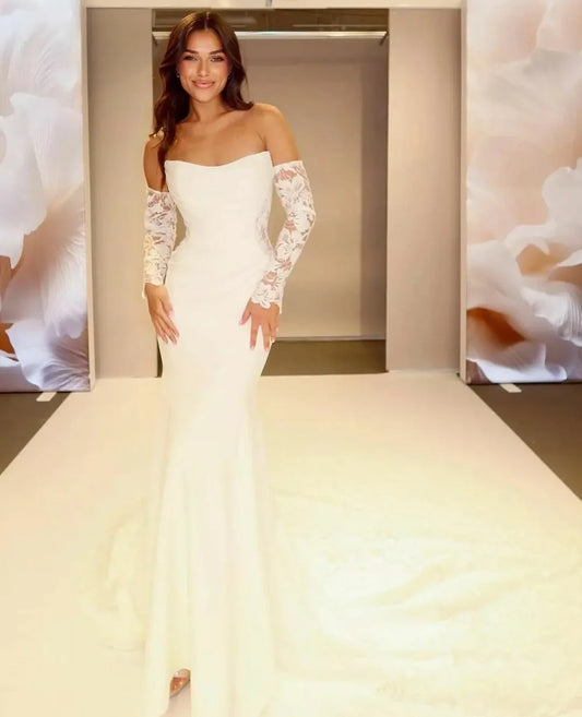 Off-Shoulder Lace Sleeve Satin Wedding Dress – Elegant Mermaid Bridal Gown | Maison Bridal