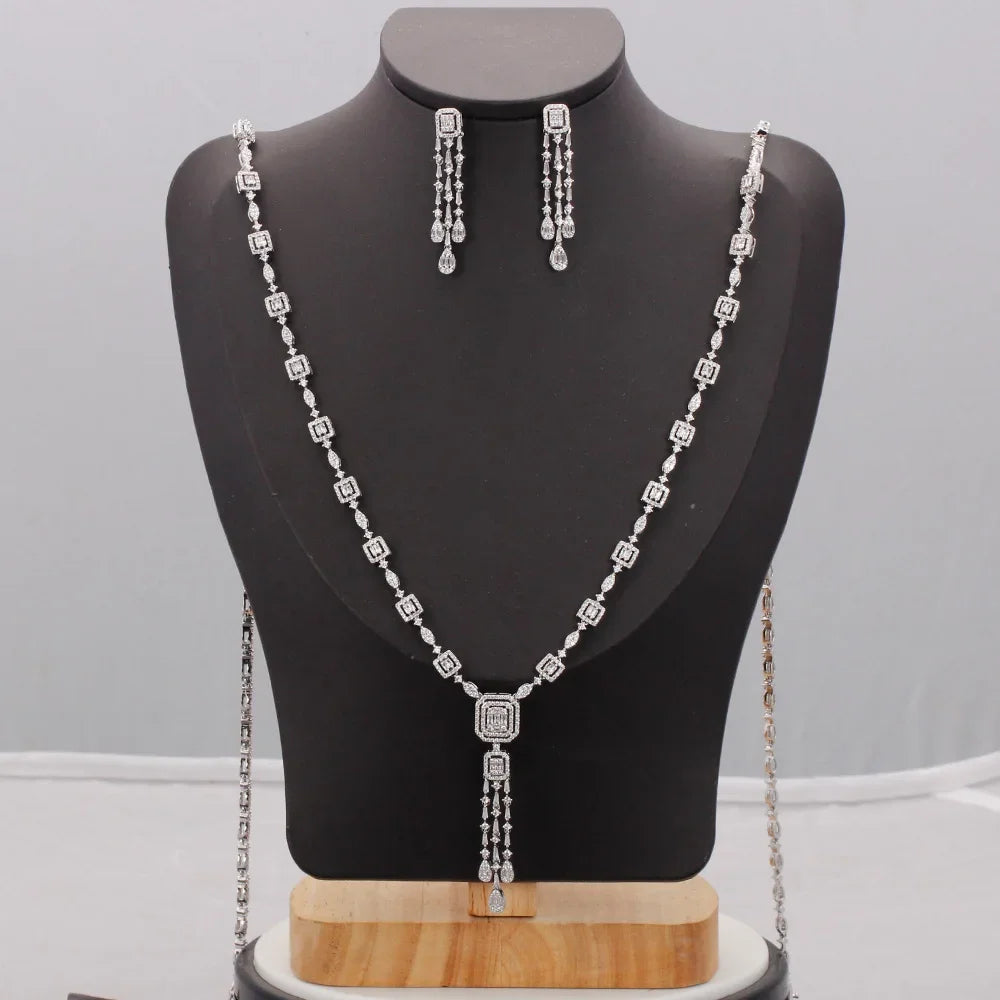 New Trendy Sweater Long Necklace Earring Jewelry Sets For Women Wedding Party Zircon CZ African Dubai Bridal Jewelry 2024