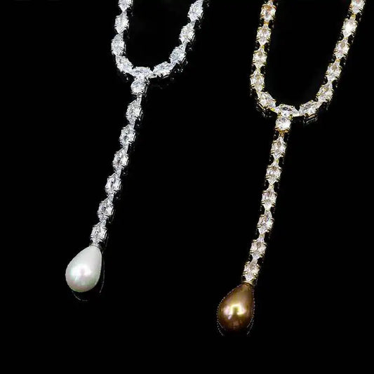 Elegant Cubic Zirconia and Long Drop Pearl Necklace and Drop Earrings Wedding & Part Jewelry Set 2023