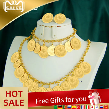 Luxury Saudi Gold Color Coins Necklace Set 21k Gold Plated Muslim Fashion Chokers Dubai Women Wedding Party Jewelry